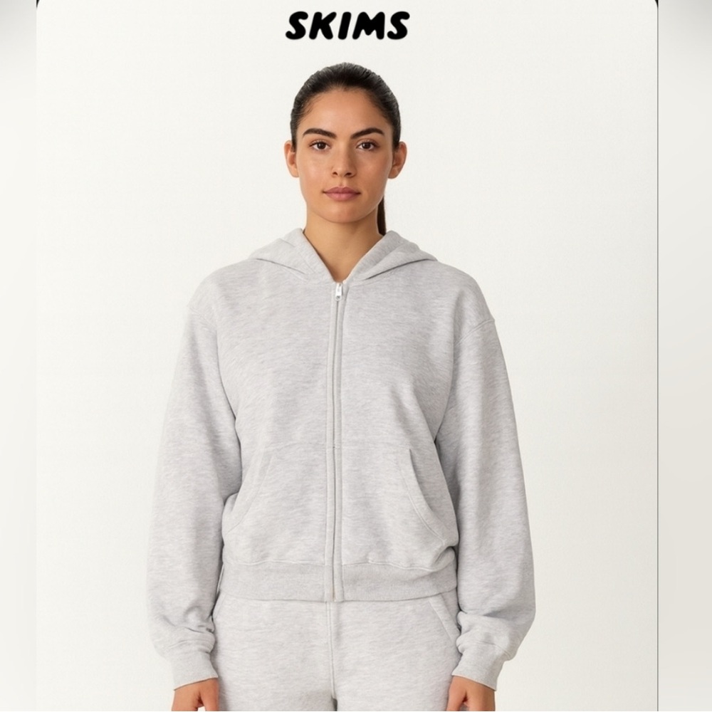 SKIMS COTTON FLEECE OVERSIZED ZIP UP HOODIE SZ L LIGHT HEATHER GREY